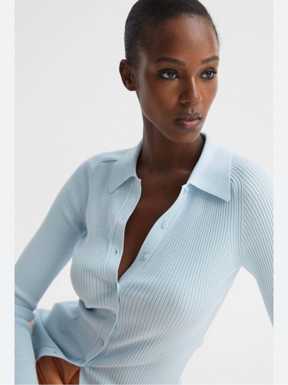 Reiss Sandy Ribbed Light Blue Ribbed Button-Down Button Through Polo Top L